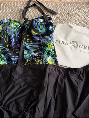 Black Swim suit  with Teal & Lime Peacock Print Top